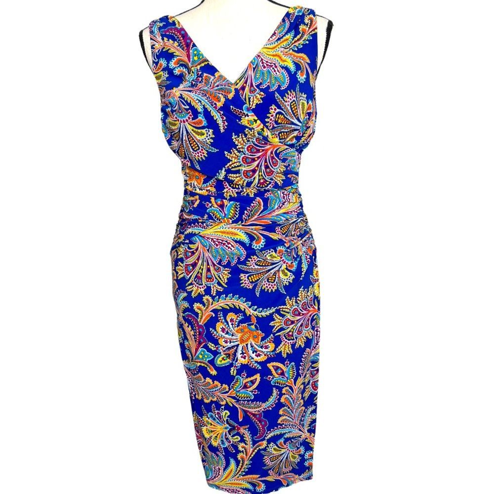 LAUREN RALPH LAUREN Colorful Paisley Print Sleeveless dress. Faux wrap. Size 4